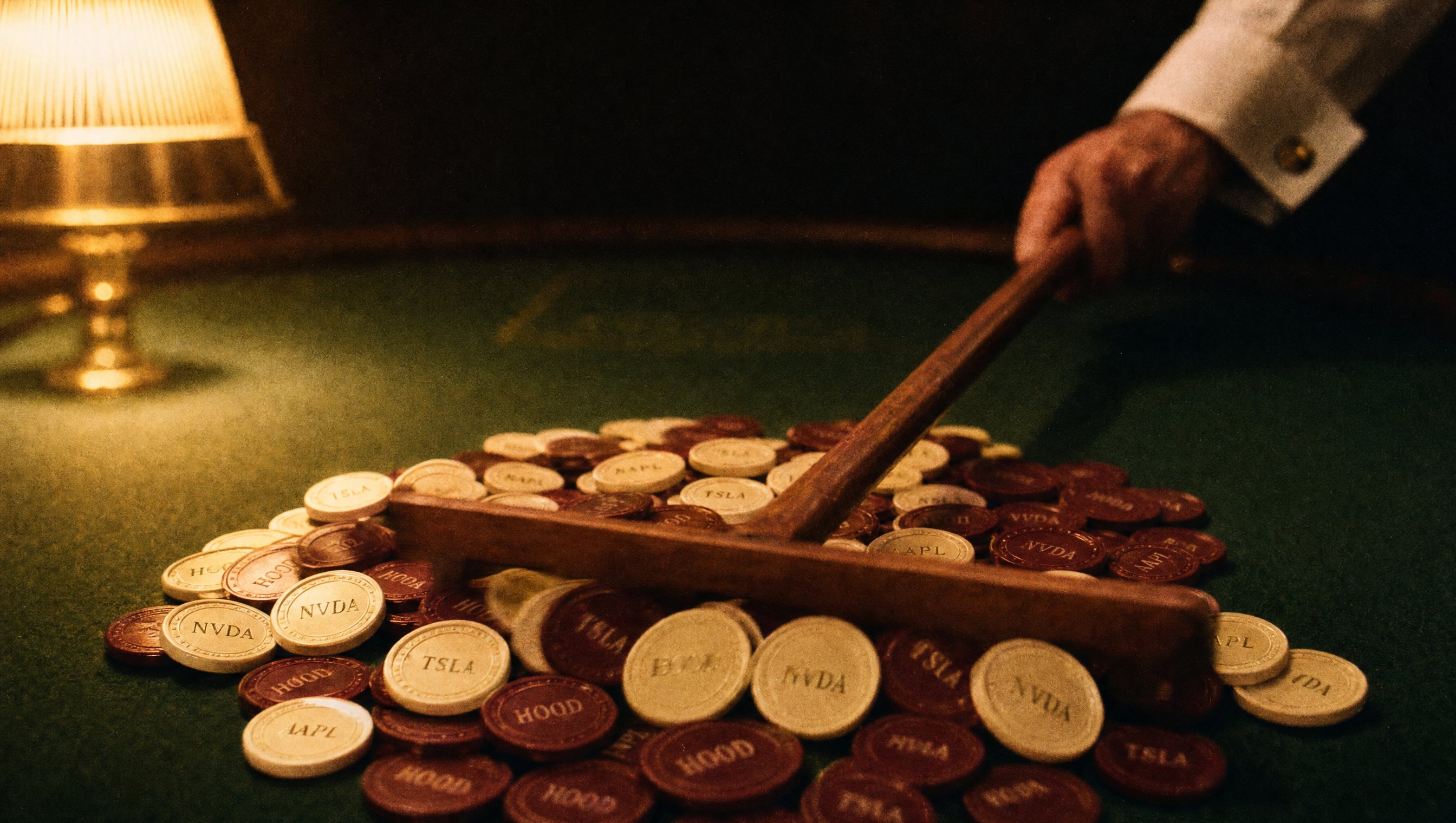 A croupier's rake pulling a pile of chips stamped NVDA, TSLA, AAPL and HOOD across green felt